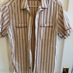 Taylor Stitch Tulum Shirt Large Lg Cranberry Stripe Camp Band Loop Collar TS